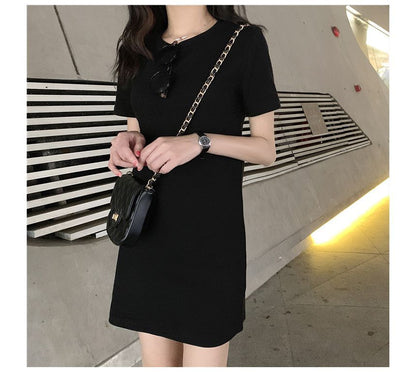 T-Shirt Short-Sleeve Mini Plain Neck Dress Round