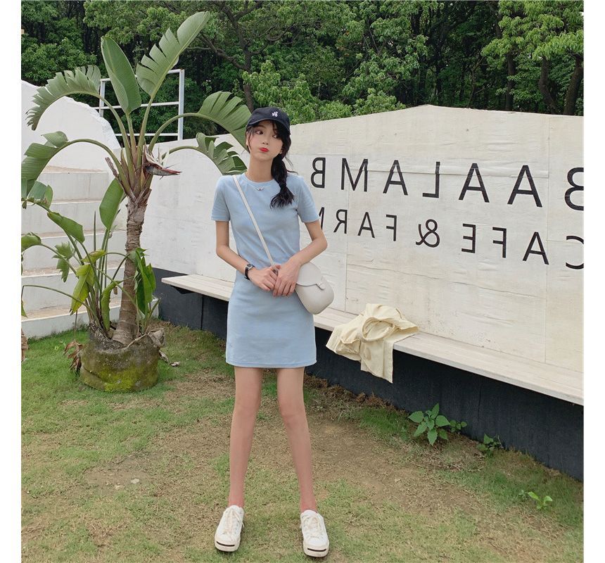 T-Shirt Short-Sleeve Mini Plain Neck Dress Round