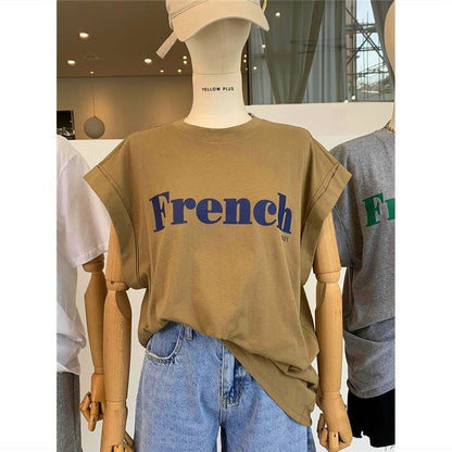 Cap-Sleeve Round Neck Lettering Long T-Shirt