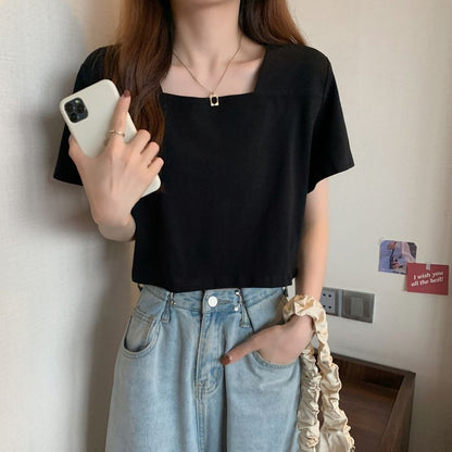 Square Short-Sleeve Plain Cropped Neck Blouse
