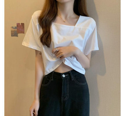 Square Short-Sleeve Plain Cropped Neck Blouse