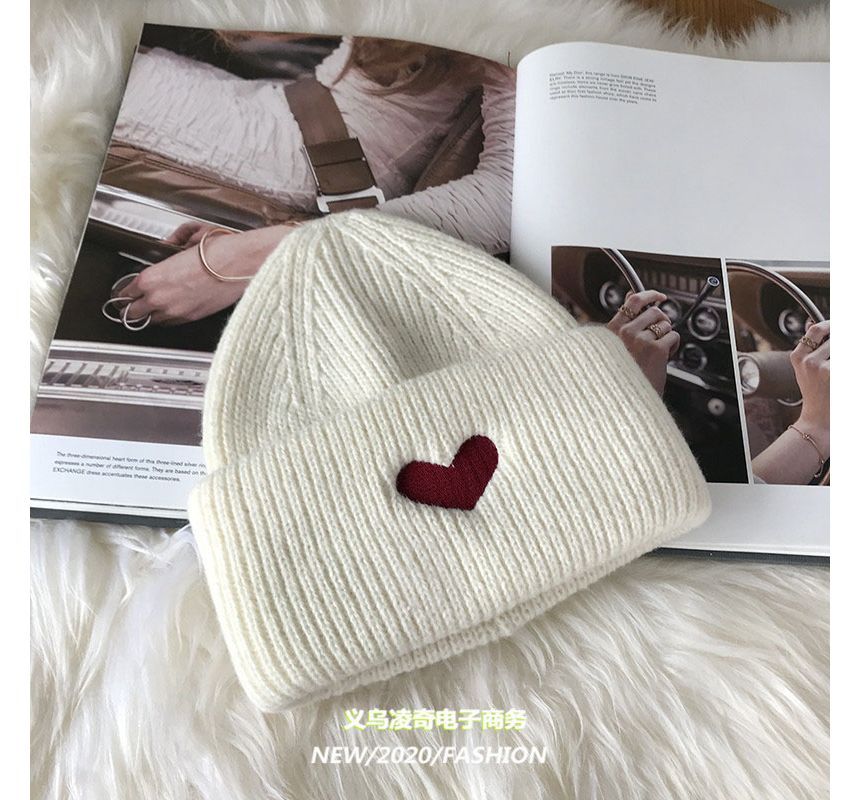 Embroidered Knit Beanie Heart