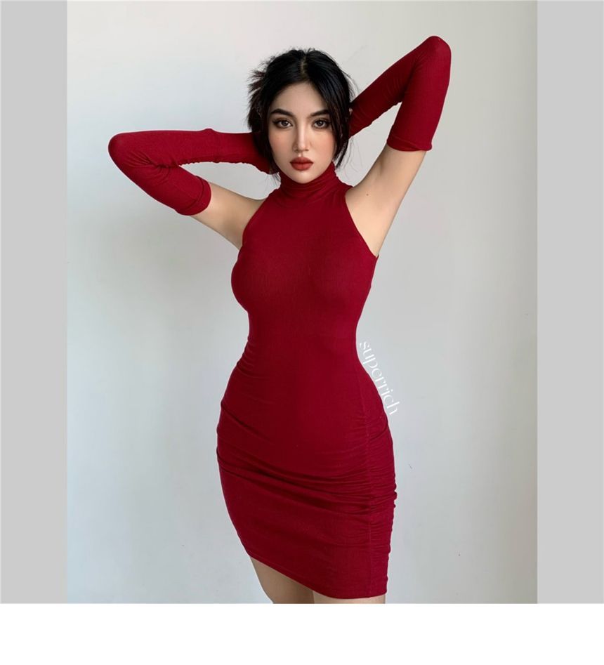 Sleeveless Turtleneck Plain Mini Dress With Arm Sleeves