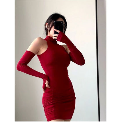 Sleeveless Turtleneck Plain Mini Dress With Arm Sleeves