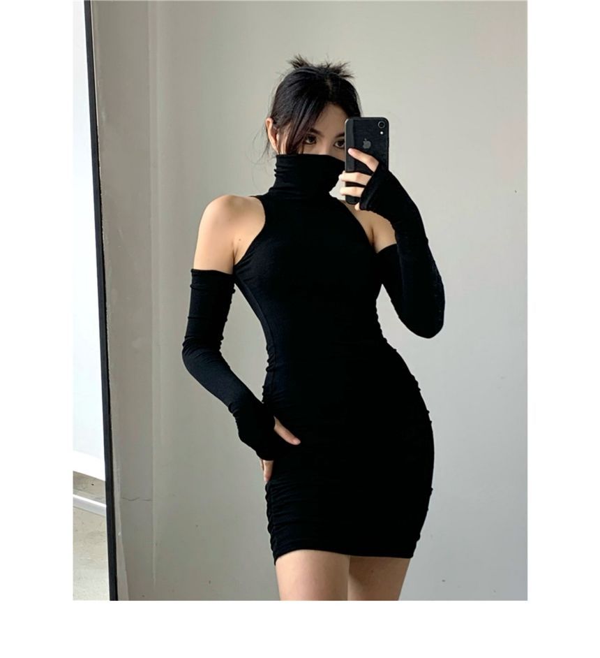 Sleeveless Turtleneck Plain Mini Dress With Arm Sleeves