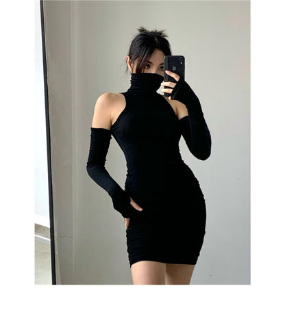 Sleeveless Turtleneck Plain Mini Dress With Arm Sleeves