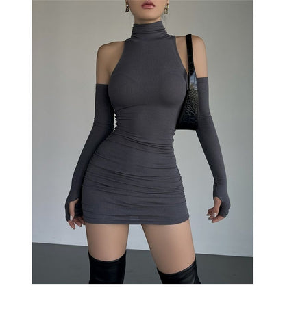 Sleeveless Turtleneck Plain Mini Dress With Arm Sleeves