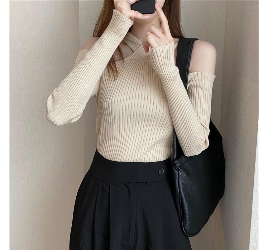 Cold-Shoulder Top Halter Plain Knit Long-Sleeve