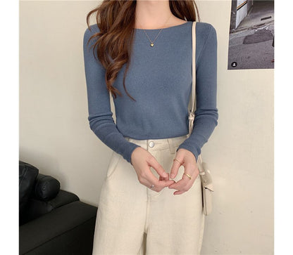 Top Slim-Fit Plain Long-Sleeve Knit