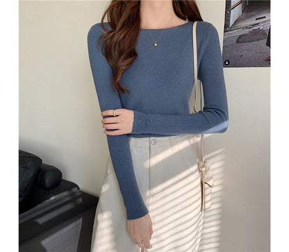 Top Slim-Fit Plain Long-Sleeve Knit