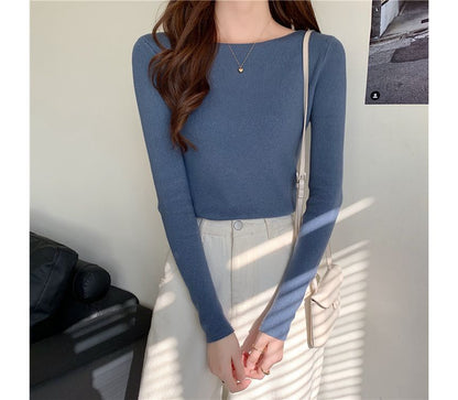 Top Slim-Fit Plain Long-Sleeve Knit