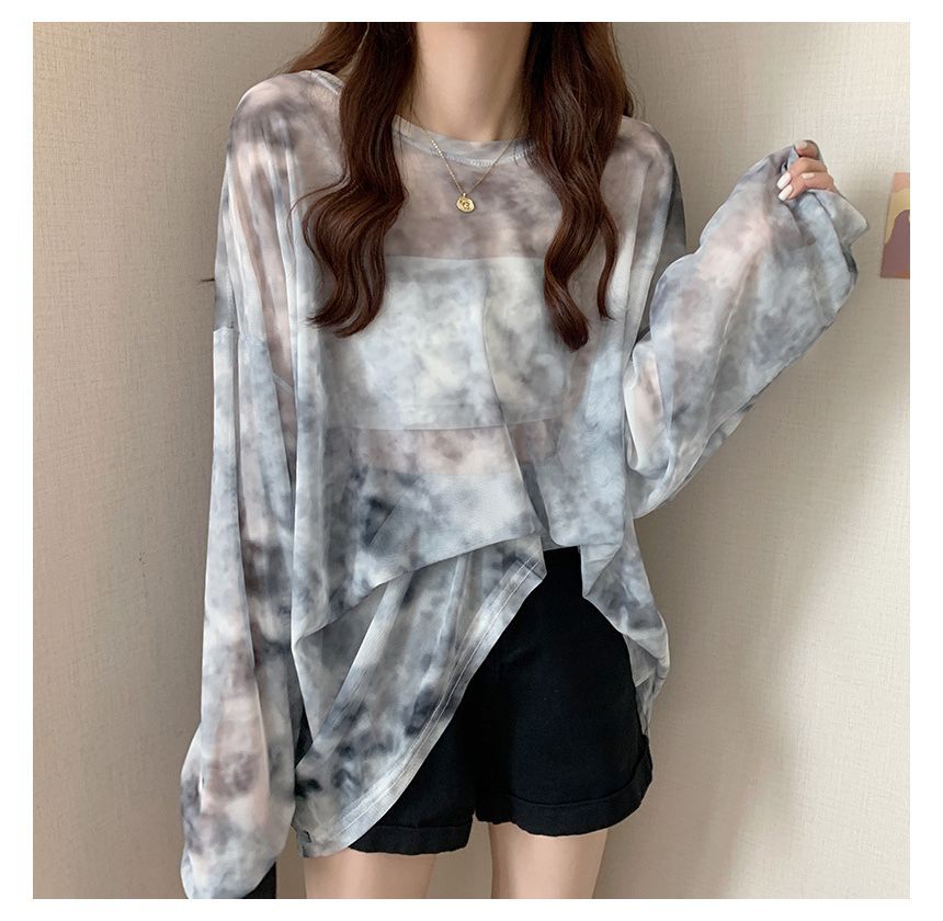 Oversized Neck Crew Dye Tee Tie Mesh Long-Sleeve