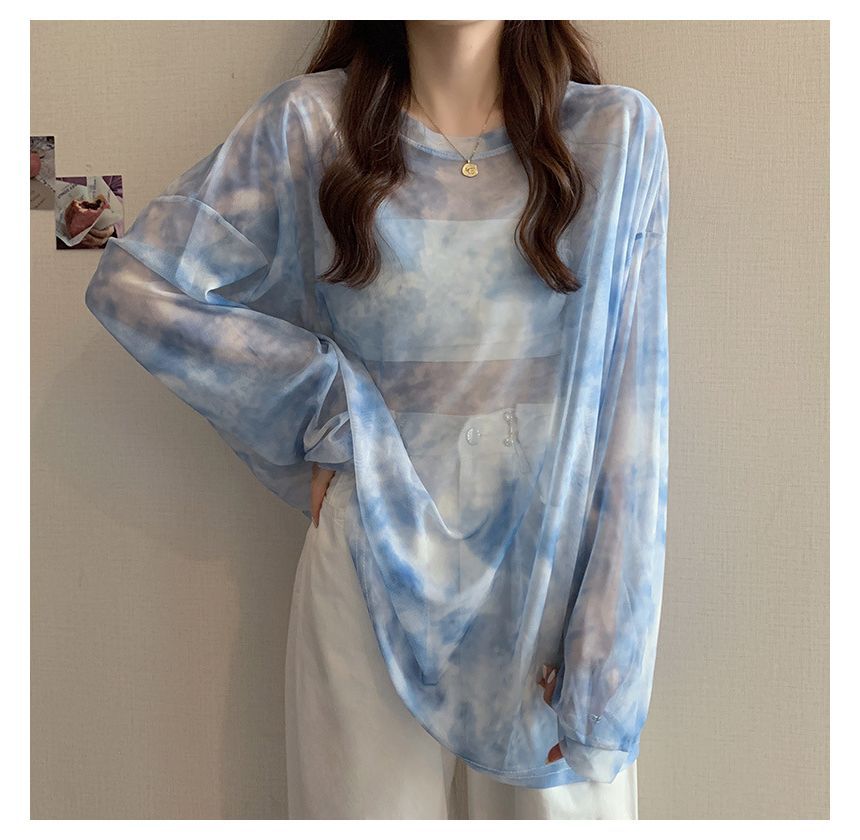 Oversized Neck Crew Dye Tee Tie Mesh Long-Sleeve