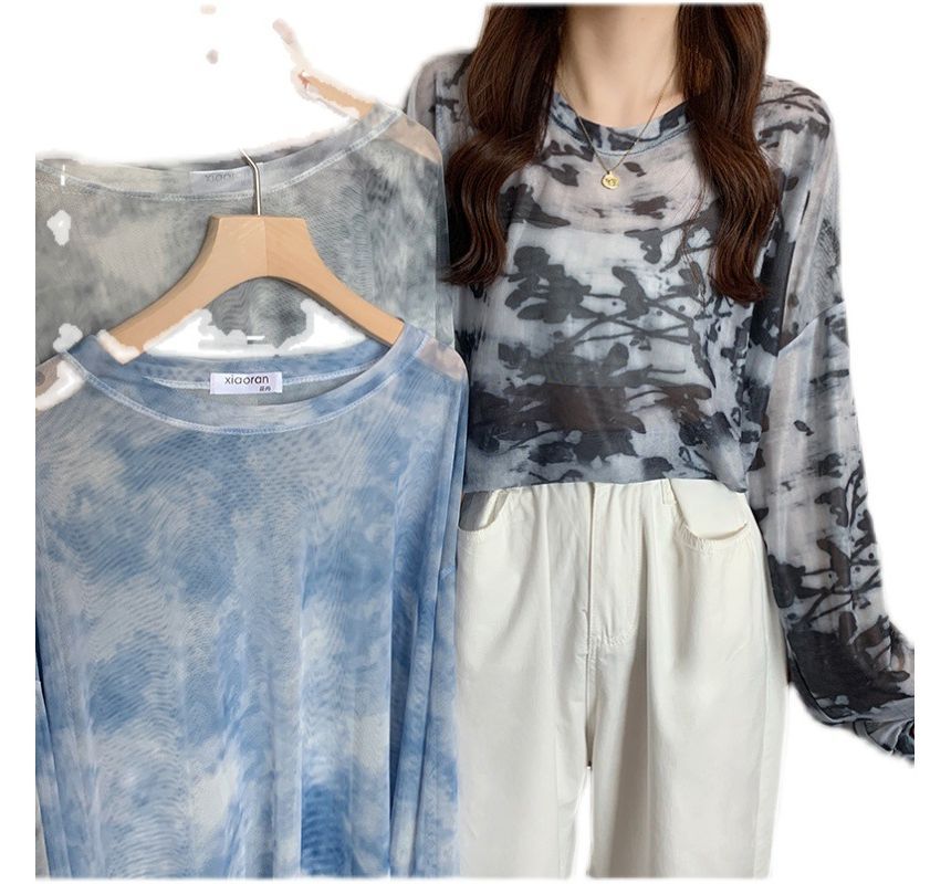 Oversized Neck Crew Dye Tee Tie Mesh Long-Sleeve