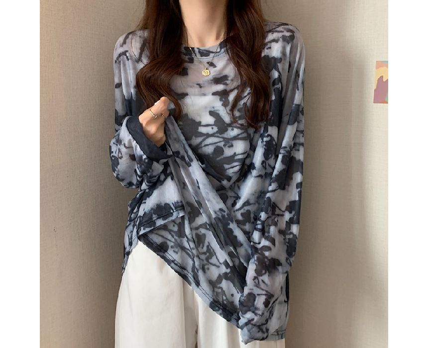Oversized Neck Crew Dye Tee Tie Mesh Long-Sleeve