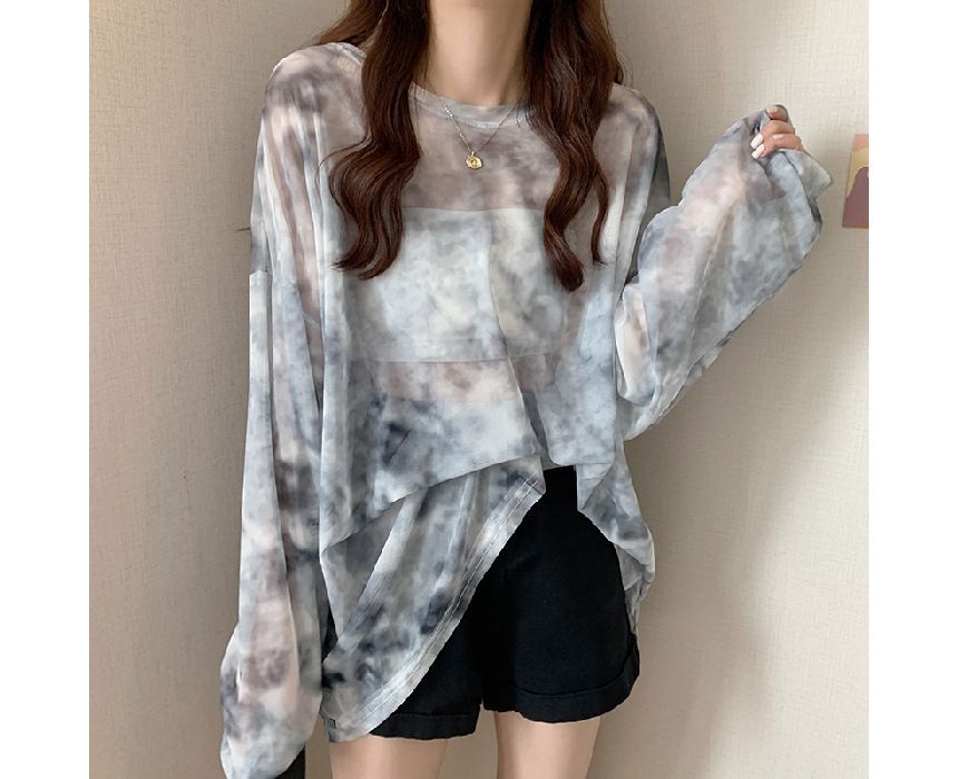 Oversized Neck Crew Dye Tee Tie Mesh Long-Sleeve