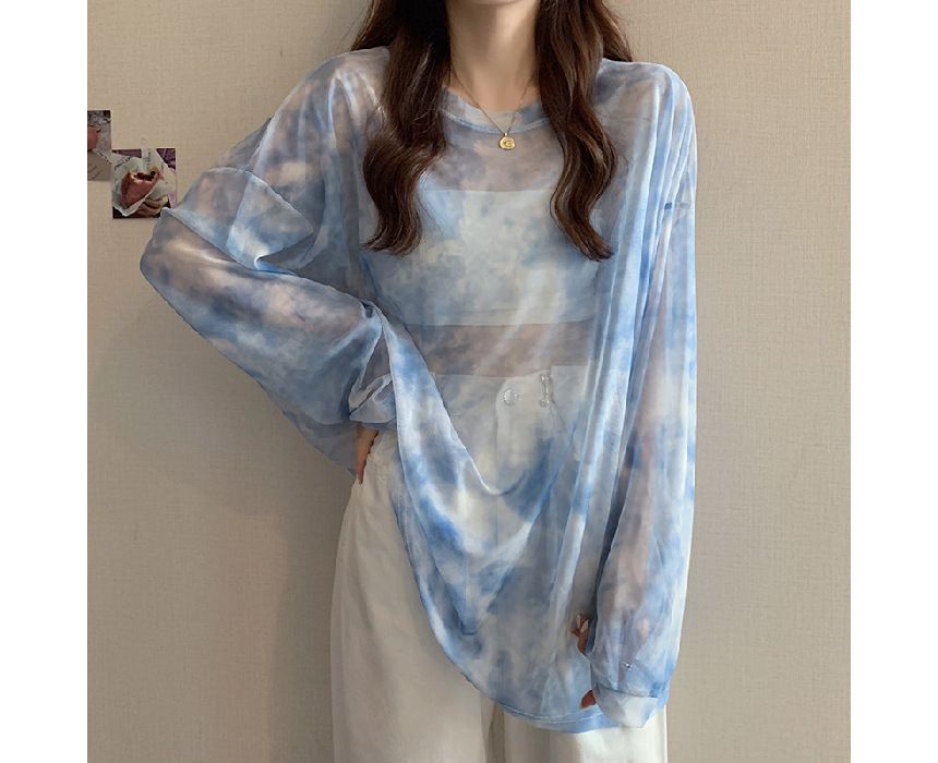 Oversized Neck Crew Dye Tee Tie Mesh Long-Sleeve