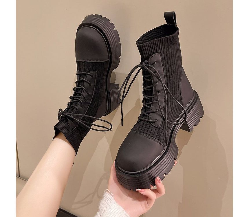 Leather Platform Faux Short Boots Lace-Up Panel Knit