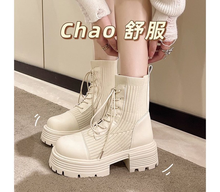 Leather Platform Faux Short Boots Lace-Up Panel Knit