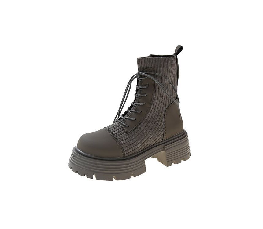 Leather Platform Faux Short Boots Lace-Up Panel Knit