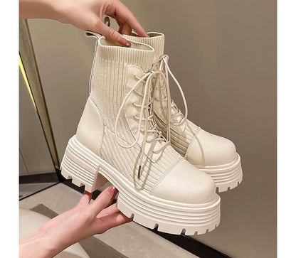 Leather Platform Faux Short Boots Lace-Up Panel Knit