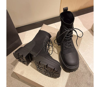Leather Platform Faux Short Boots Lace-Up Panel Knit