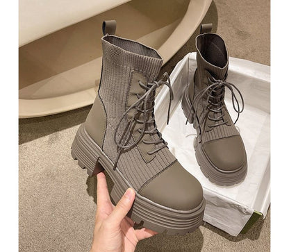 Leather Platform Faux Short Boots Lace-Up Panel Knit