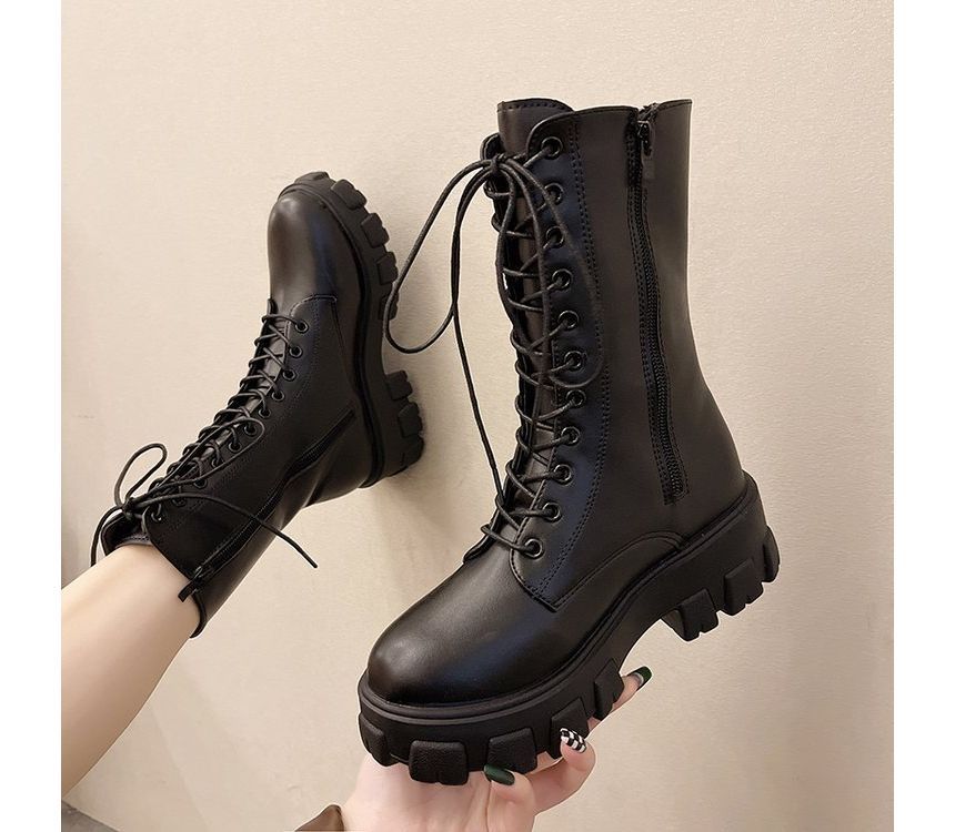 Platform Short Boots Faux Lace-Up Leather