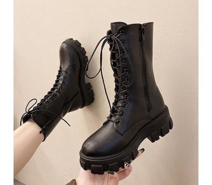 Platform Short Boots Faux Lace-Up Leather