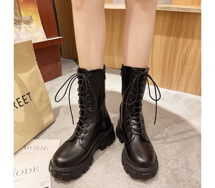 Platform Short Boots Faux Lace-Up Leather