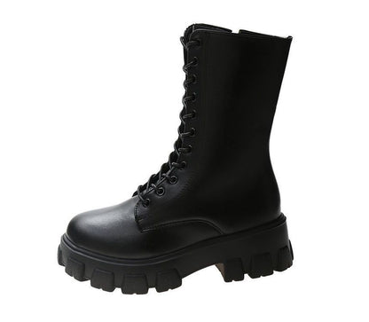 Platform Short Boots Faux Lace-Up Leather