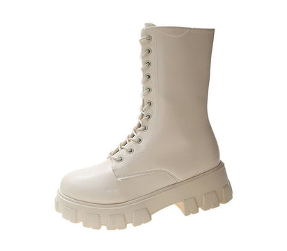 Platform Short Boots Faux Lace-Up Leather