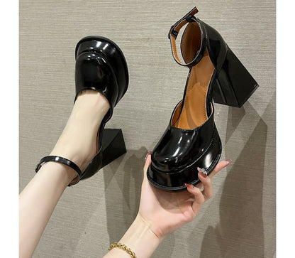 Square-Toe Ankle Block-Heel Pumps Strap