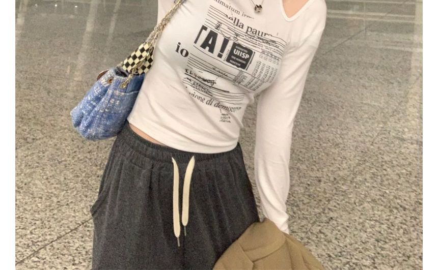 Cold-Shoulder Long-Sleeve Top Slim-Fit Print