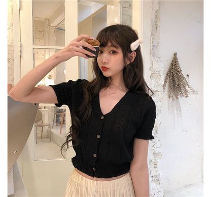 Perforated Top Knit Button-Up Short-Sleeve V-Neck