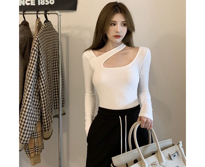 Cutout Asymmetrical Long-Sleeve Neck T-Shirt Plain