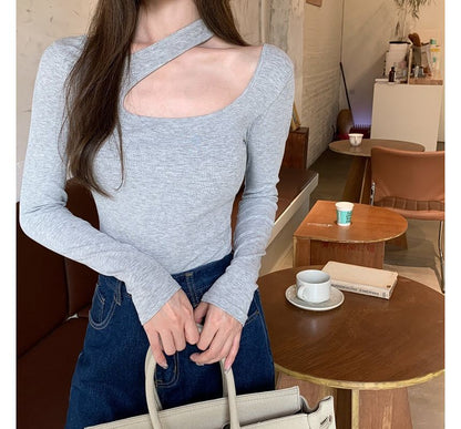 Cutout Asymmetrical Long-Sleeve Neck T-Shirt Plain