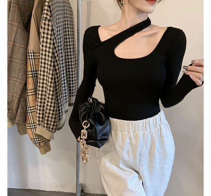 Cutout Asymmetrical Long-Sleeve Neck T-Shirt Plain