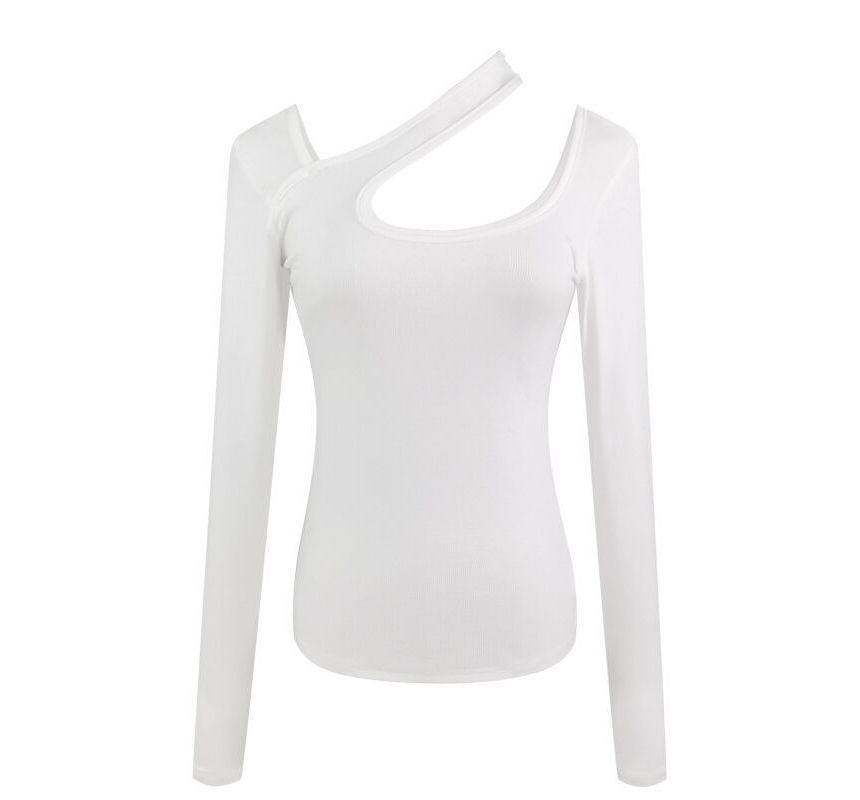 Cutout Asymmetrical Long-Sleeve Neck T-Shirt Plain