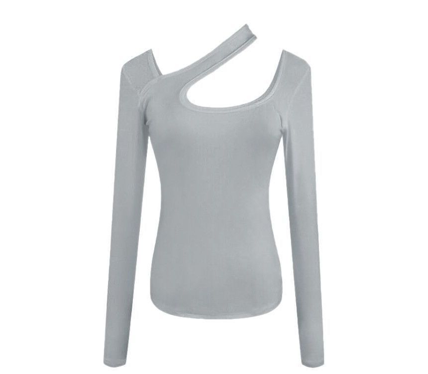 Cutout Asymmetrical Long-Sleeve Neck T-Shirt Plain