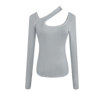 Cutout Asymmetrical Long-Sleeve Neck T-Shirt Plain