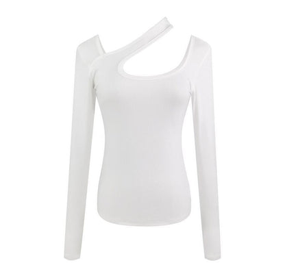 Cutout Asymmetrical Long-Sleeve Neck T-Shirt Plain