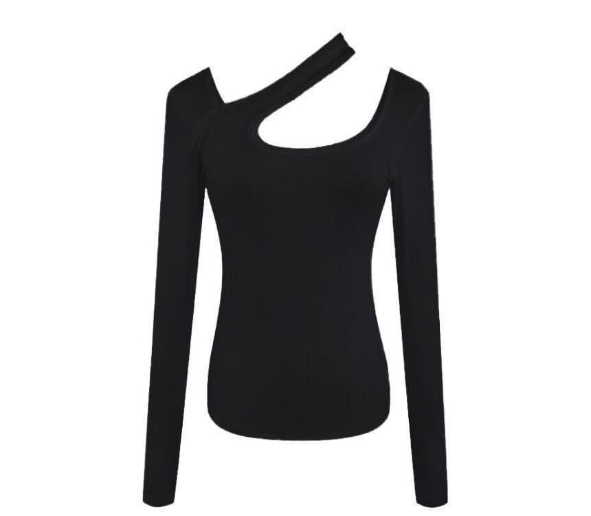 Cutout Asymmetrical Long-Sleeve Neck T-Shirt Plain