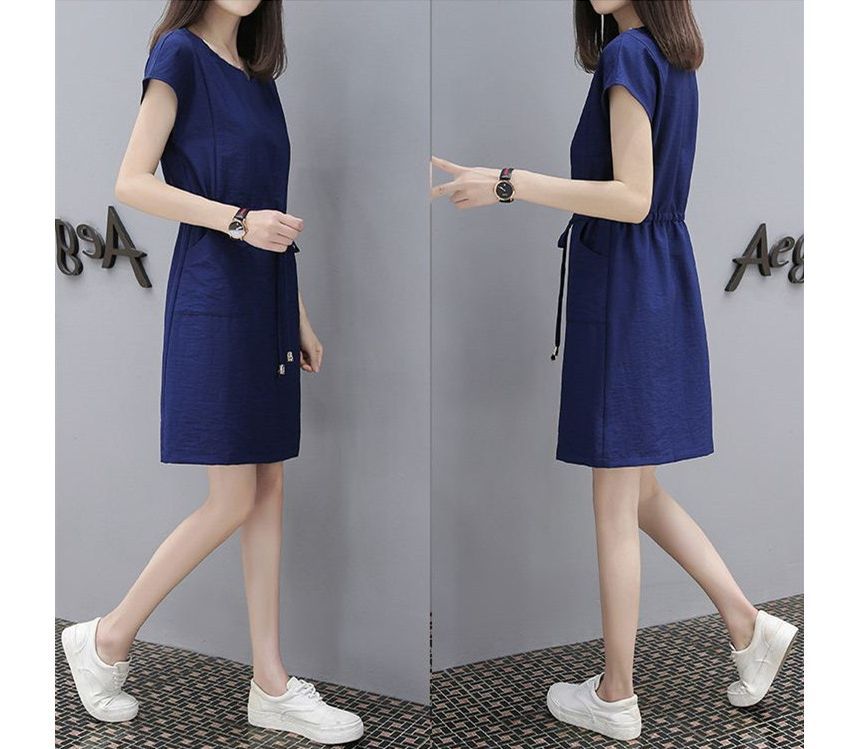Plain Short-Sleeve Dress Mini V-Neck Drawstring-Waist A-Line