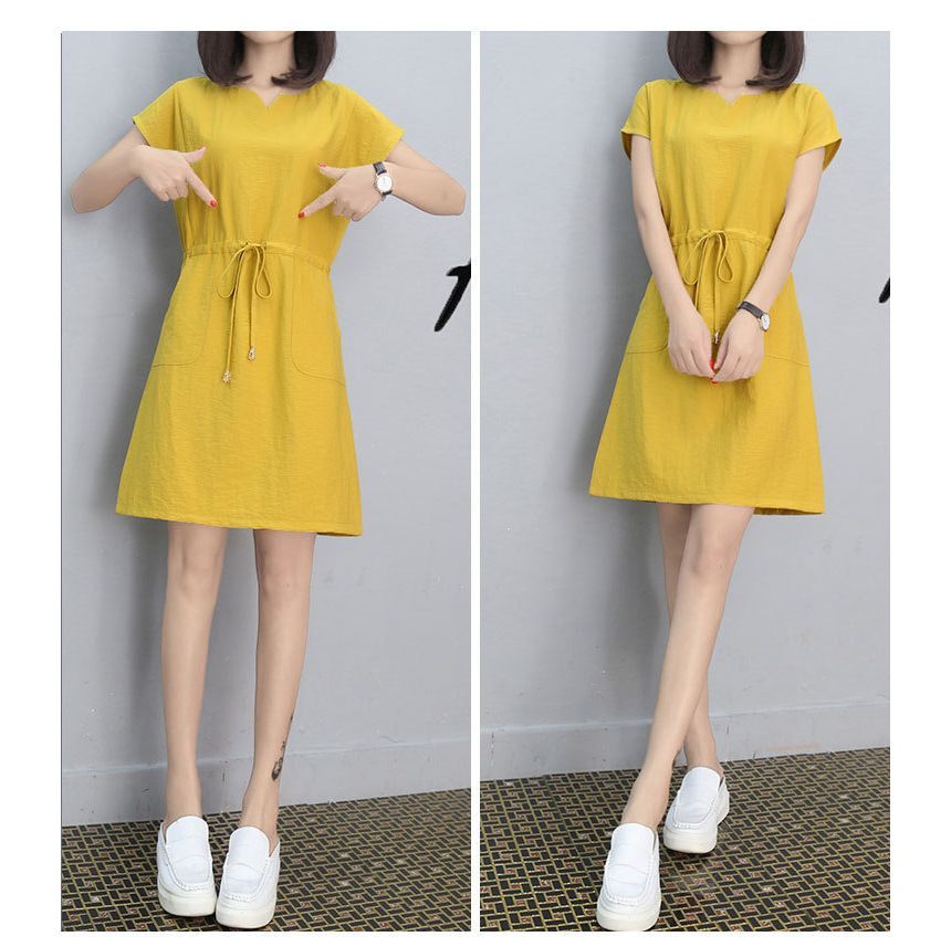 Plain Short-Sleeve Dress Mini V-Neck Drawstring-Waist A-Line