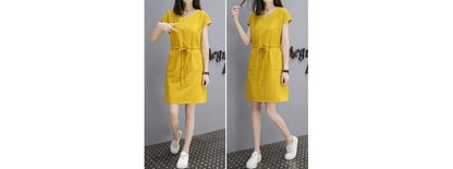 Plain Short-Sleeve Dress Mini V-Neck Drawstring-Waist A-Line
