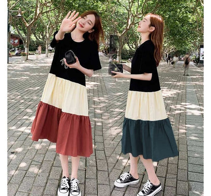 Dress Midi Block Short-Sleeve Crew Neck Color A-Line
