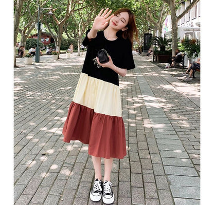 Dress Midi Block Short-Sleeve Crew Neck Color A-Line