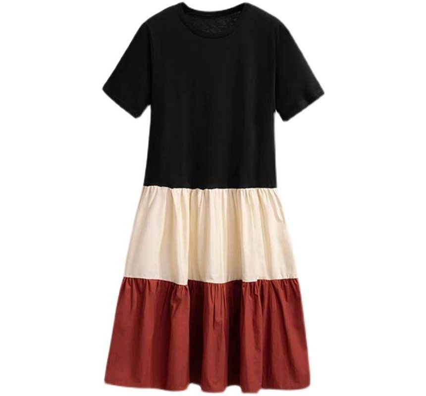 Dress Midi Block Short-Sleeve Crew Neck Color A-Line