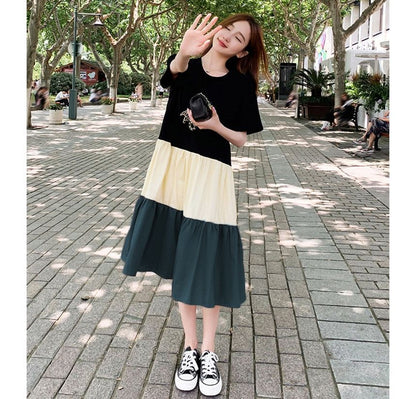 Dress Midi Block Short-Sleeve Crew Neck Color A-Line